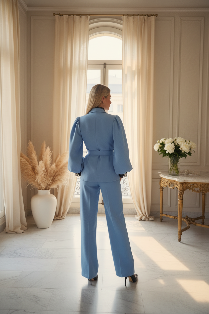 Tailleur bleu - dos décor parisien